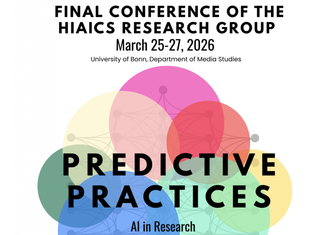 Poster for a conference: colorful overlapping circles with title “Predictive Practices” and subtitle “AI in Research.”